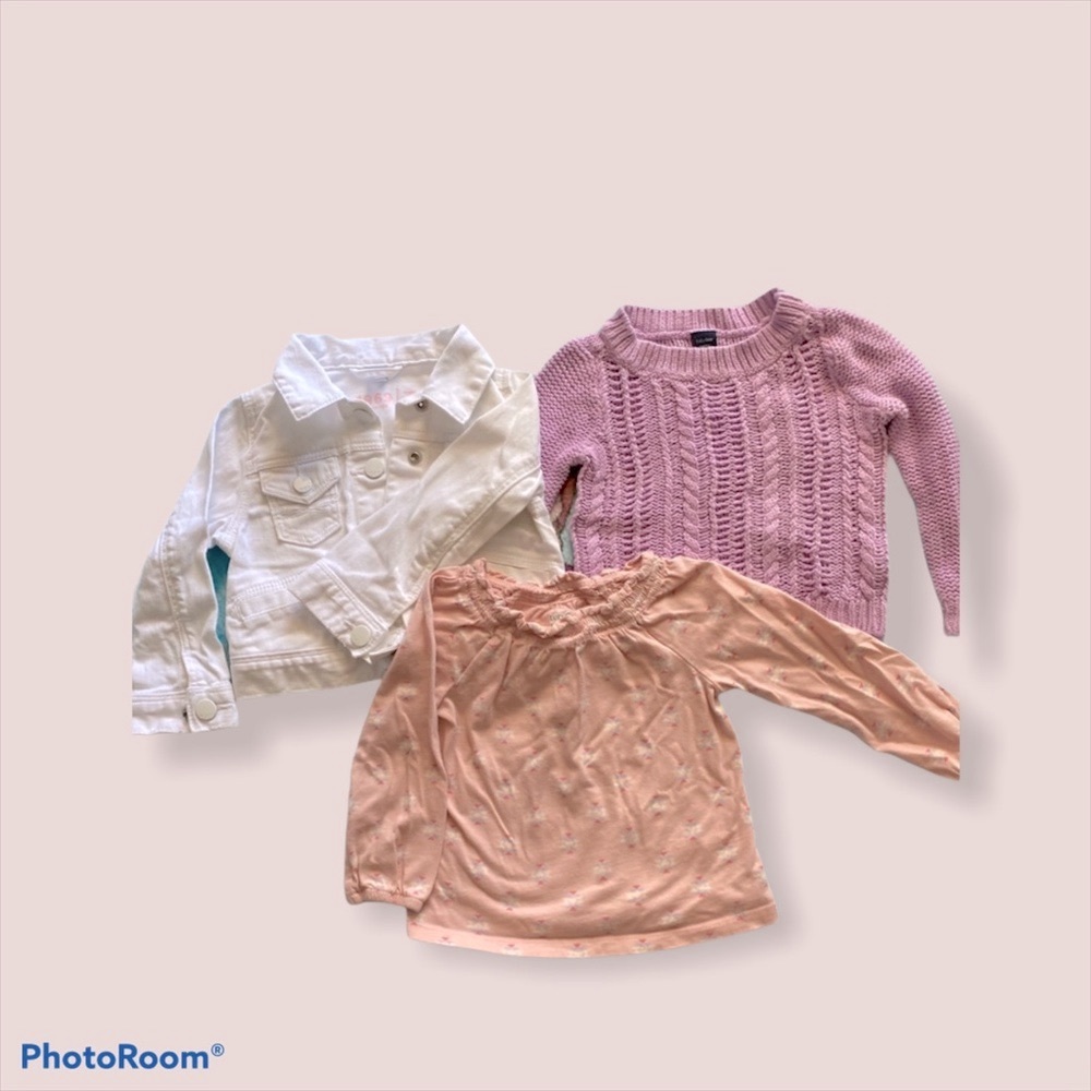 EUC lot of baby gap white jean jacket, purple sweater, and shirt.